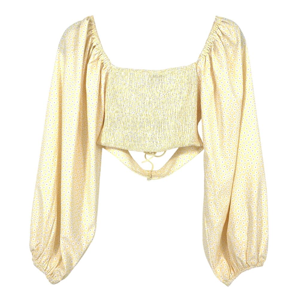White Fox Cropped Cutout Long Sleeve Top Womens Sz S Yellow Floral Off Shoulder - Picture 2 of 6